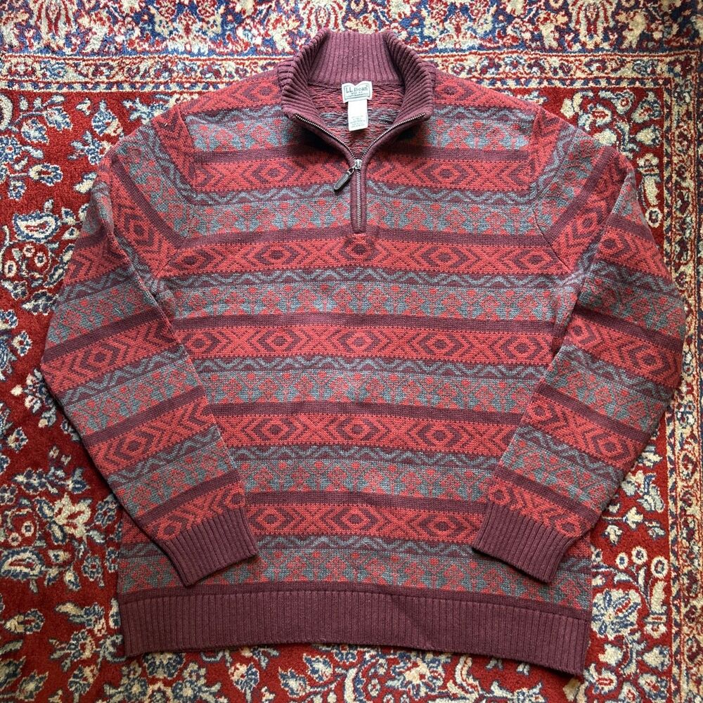L.L. Bean Men's Red Aztec Quarter Zip Pullover Size Large Tall Sweater
